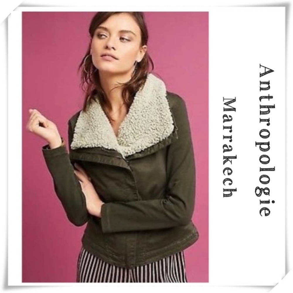 Anthropologie Green Jacket with Cream Shearling Collar